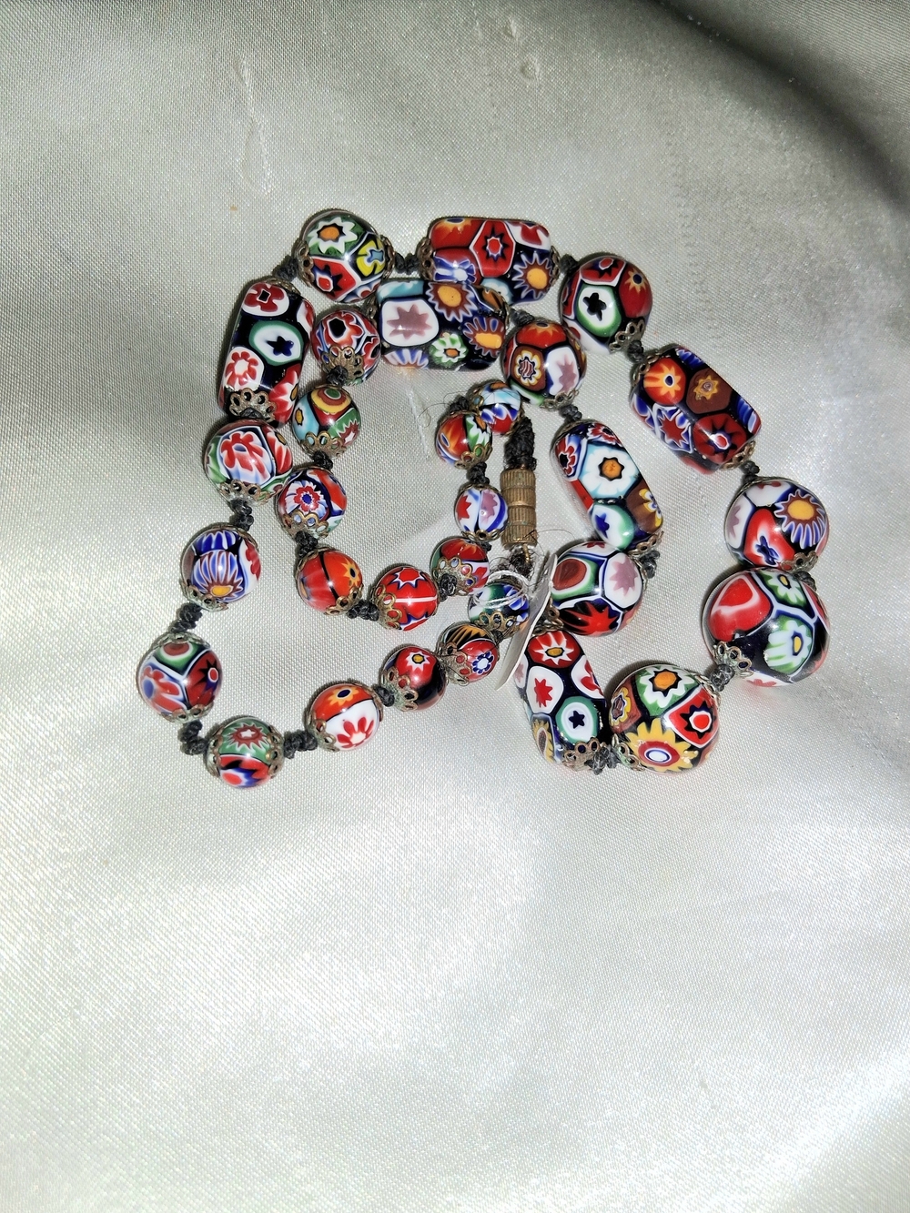 Vtg Handknotted Multicolor Millefiori Glass Bead Necklace - Picture 4 of 11